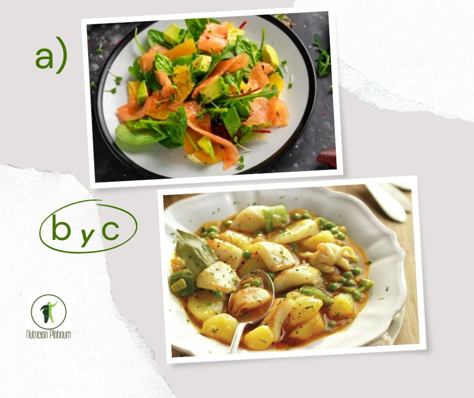  Ensalada de aguacate y salmón con guiso de sepia y guisantes.